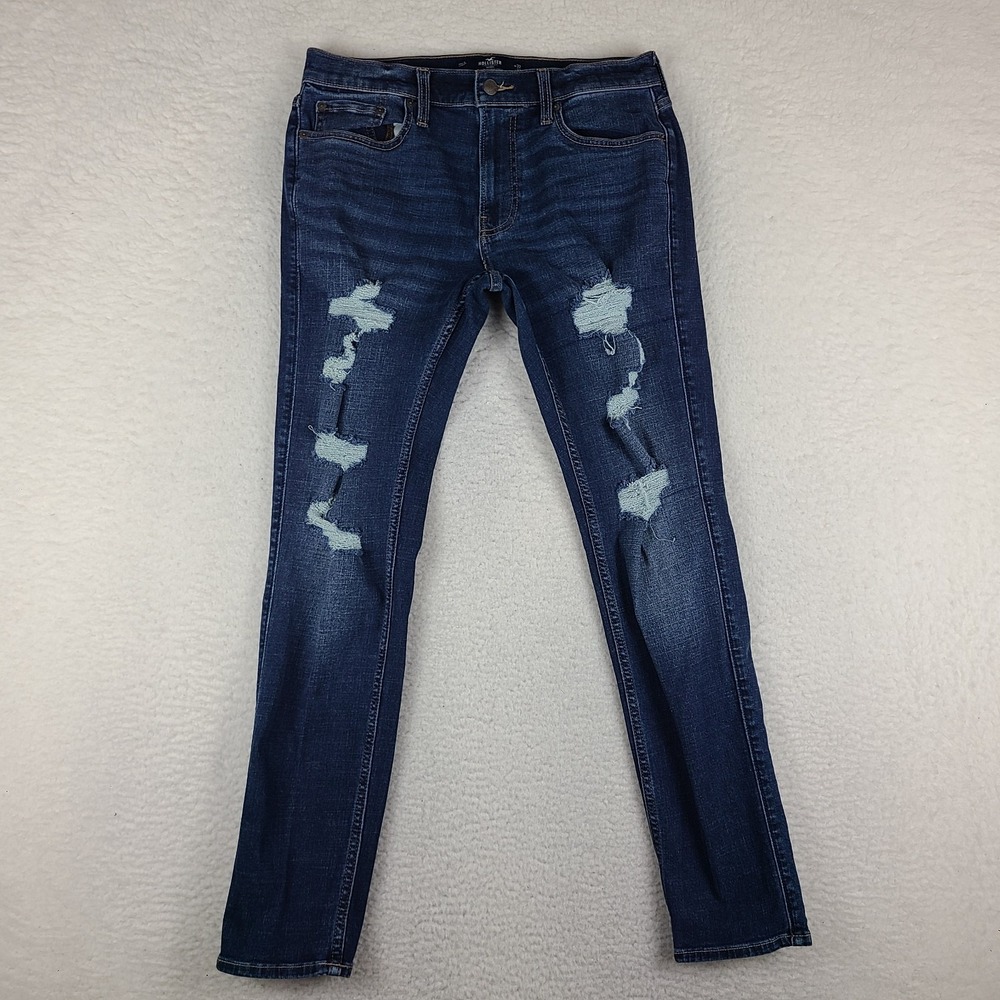 Hollister Jeans Mens 32x32 Blue Skinny Advanced Stretch Dark Wash Distress Denim